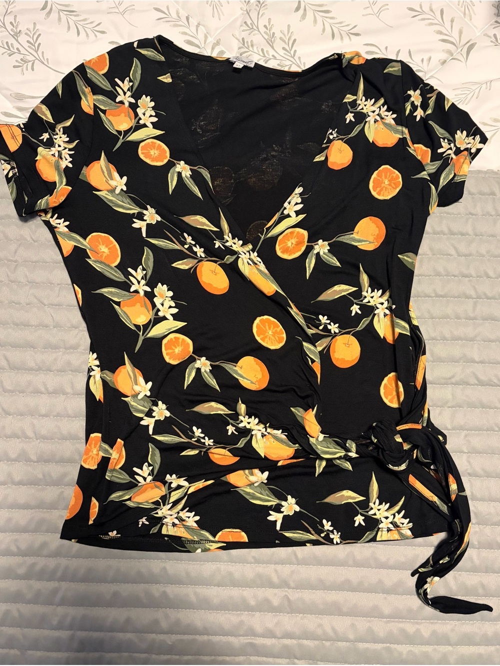 Kismet Black Orange-Print Wrap Blouse